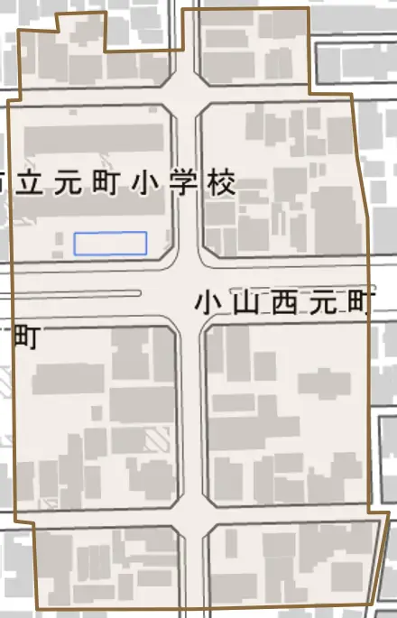 小山西元町とその周辺の地図。町の範囲を重ねている