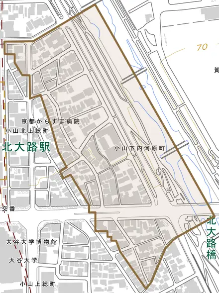小山下内河原町とその周辺の地図。町の範囲を重ねている