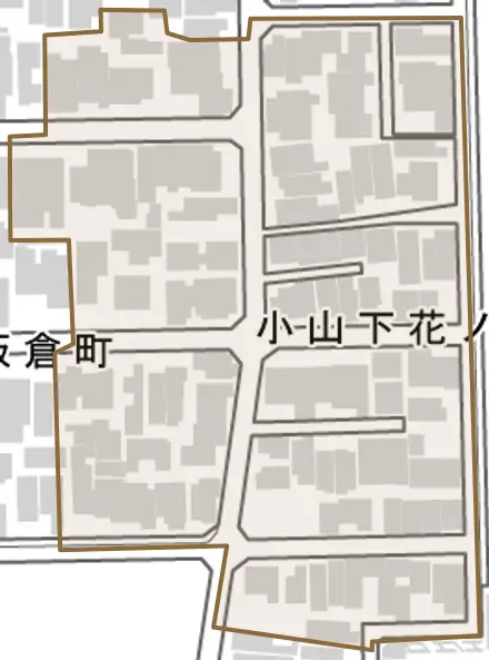 小山下花ノ木町とその周辺の地図。町の範囲を重ねている