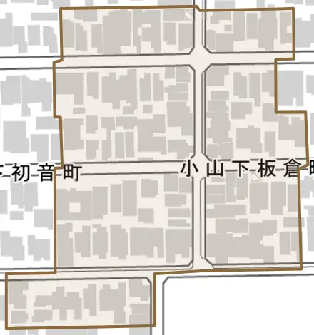 小山下板倉町とその周辺の地図。町の範囲を重ねている