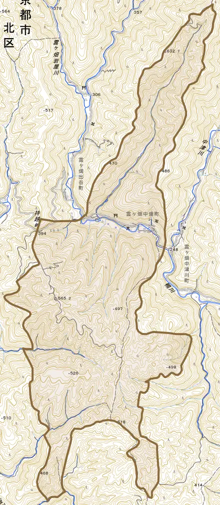 雲ケ畑中畑町とその周辺の地図。町の範囲を重ねている