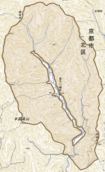 真弓善福とその周辺の地図。町の範囲を重ねている