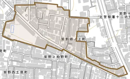 紫野郷ノ上町とその周辺の地図。町の範囲を重ねている
