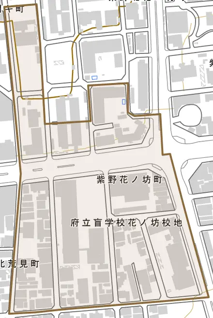紫野花ノ坊町とその周辺の地図。町の範囲を重ねている