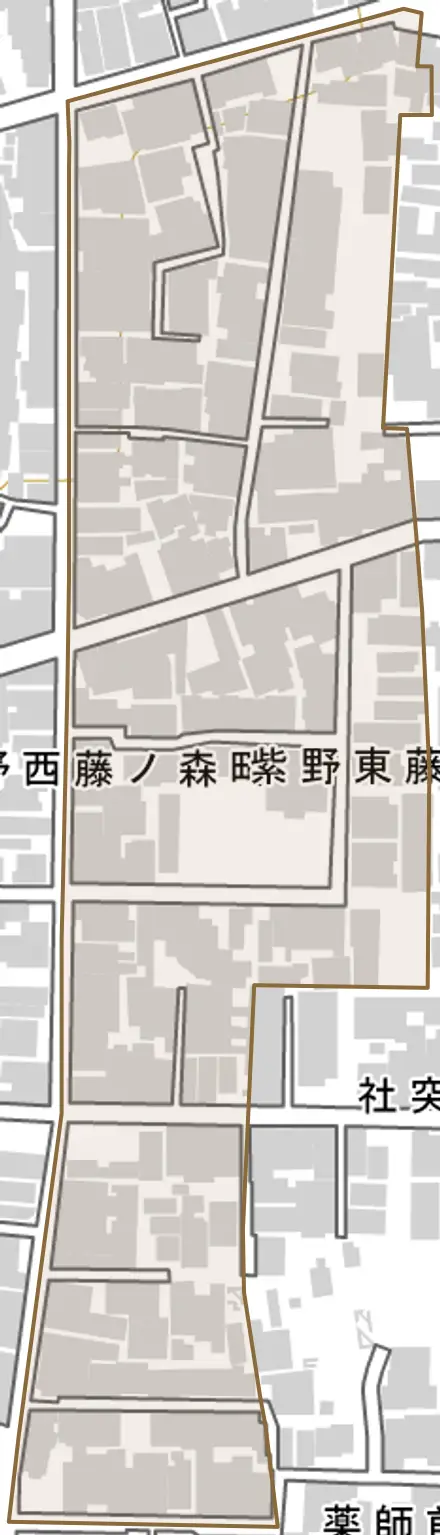 紫野東藤ノ森町とその周辺の地図。町の範囲を重ねている