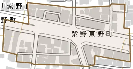 紫野東野町とその周辺の地図。町の範囲を重ねている