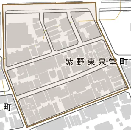 紫野東泉堂町とその周辺の地図。町の範囲を重ねている