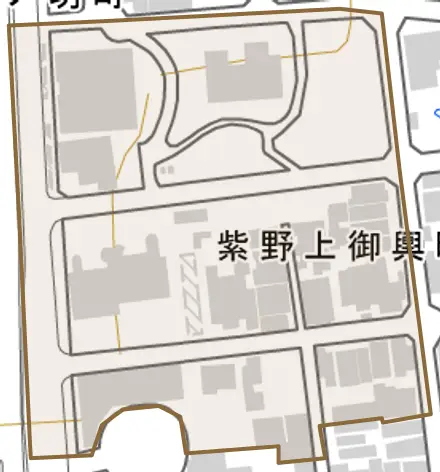 紫野上御輿町とその周辺の地図。町の範囲を重ねている