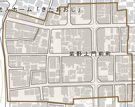 紫野上門前町とその周辺の地図。町の範囲を重ねている