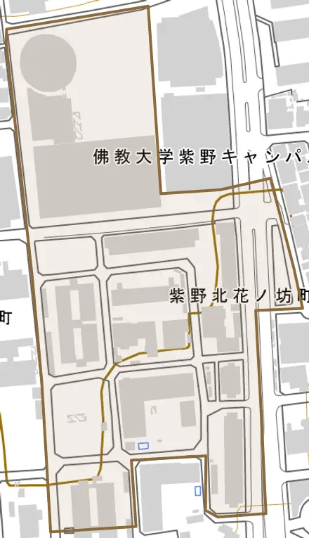 紫野北花ノ坊町とその周辺の地図。町の範囲を重ねている