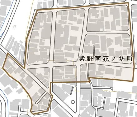 紫野南花ノ坊町とその周辺の地図。町の範囲を重ねている