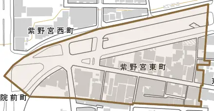 紫野宮東町とその周辺の地図。町の範囲を重ねている