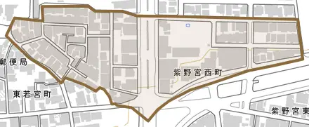 紫野宮西町とその周辺の地図。町の範囲を重ねている
