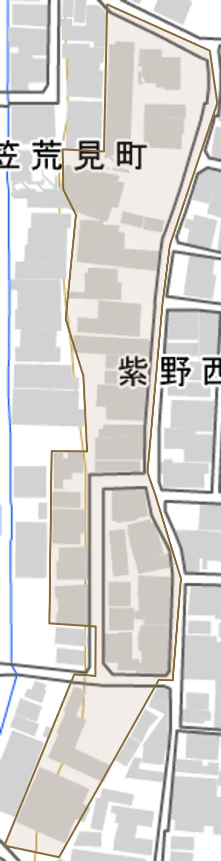 紫野西土居町とその周辺の地図。町の範囲を重ねている