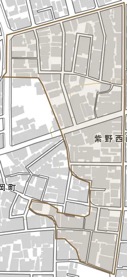 紫野西藤ノ森町とその周辺の地図。町の範囲を重ねている