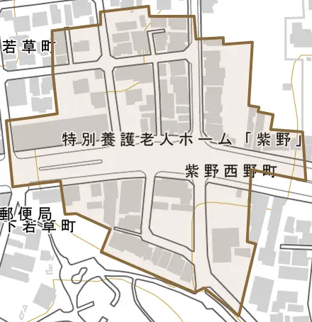 紫野西野町とその周辺の地図。町の範囲を重ねている