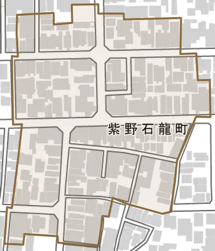 紫野石龍町とその周辺の地図。町の範囲を重ねている