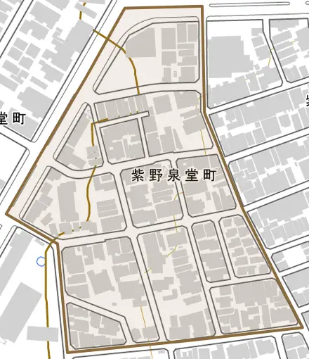 紫野泉堂町とその周辺の地図。町の範囲を重ねている
