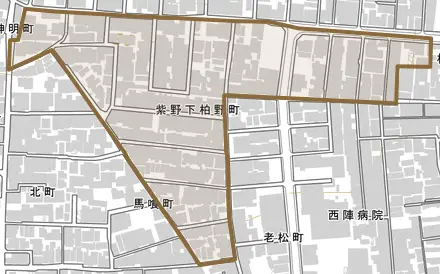 紫野下柏野町とその周辺の地図。町の範囲を重ねている