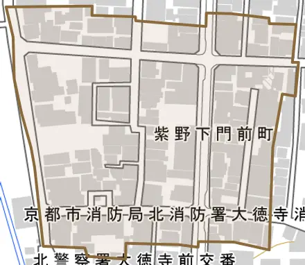紫野下門前町とその周辺の地図。町の範囲を重ねている