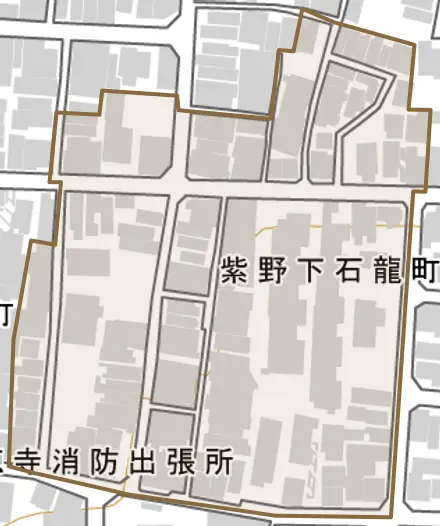 紫野下石龍町とその周辺の地図。町の範囲を重ねている