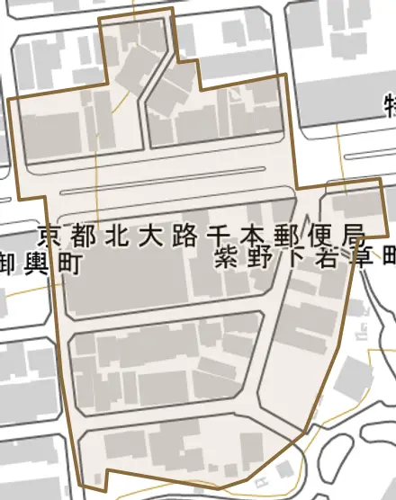 紫野下若草町とその周辺の地図。町の範囲を重ねている