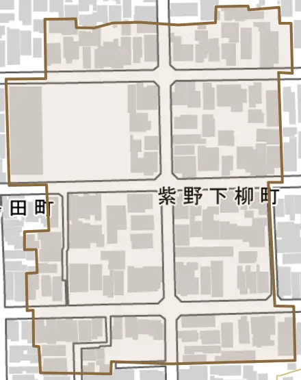 紫野下柳町とその周辺の地図。町の範囲を重ねている