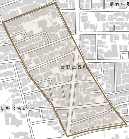 紫野上野町とその周辺の地図。町の範囲を重ねている
