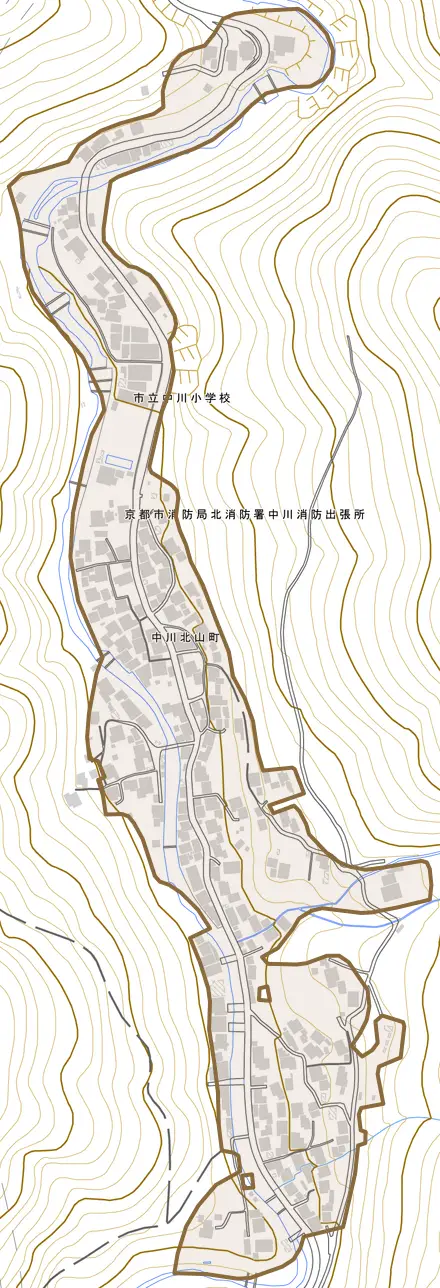 中川北山町とその周辺の地図。町の範囲を重ねている