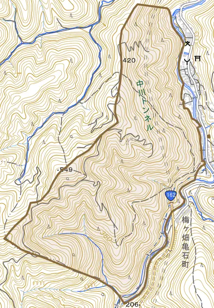 中川西山とその周辺の地図。町の範囲を重ねている
