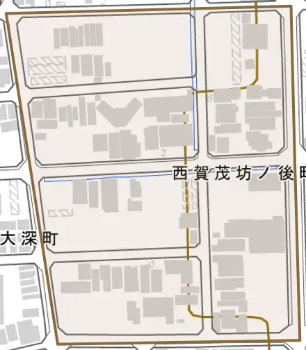 西賀茂坊ノ後町とその周辺の地図。町の範囲を重ねている
