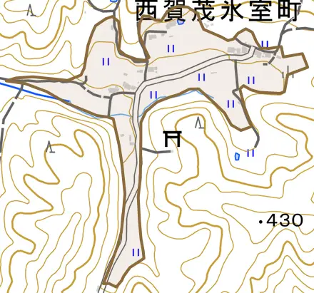 西賀茂氷室町とその周辺の地図。町の範囲を重ねている