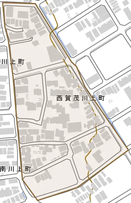 西賀茂川上町とその周辺の地図。町の範囲を重ねている