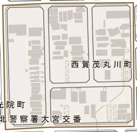 西賀茂丸川町とその周辺の地図。町の範囲を重ねている