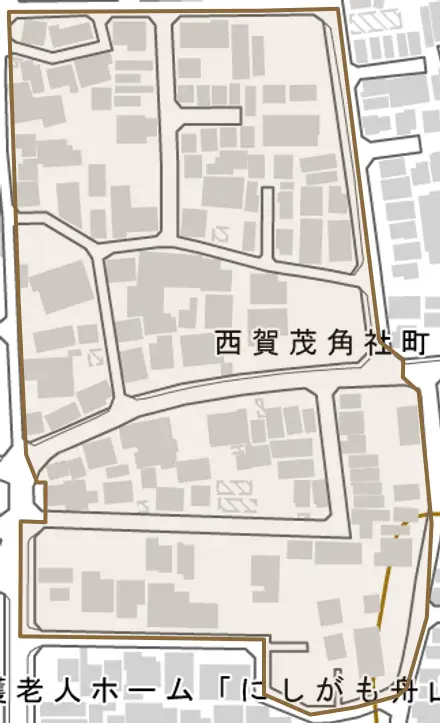 西賀茂角社町とその周辺の地図。町の範囲を重ねている