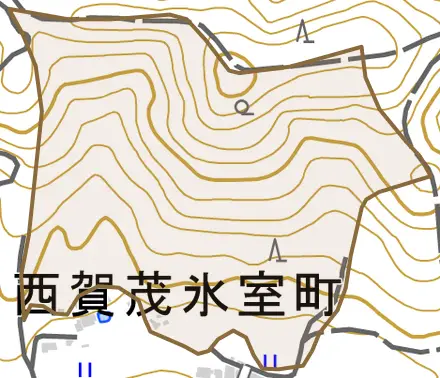 西賀茂蓬来谷とその周辺の地図。町の範囲を重ねている