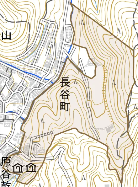 大北山長谷町とその周辺の地図。町の範囲を重ねている