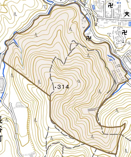 大北山鷲峯町とその周辺の地図。町の範囲を重ねている