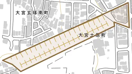 大宮土居町とその周辺の地図。町の範囲を重ねている