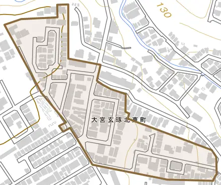 大宮玄琢北東町とその周辺の地図。町の範囲を重ねている