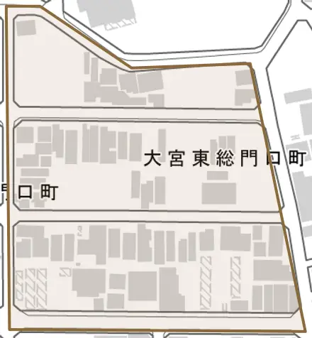大宮東総門口町とその周辺の地図。町の範囲を重ねている