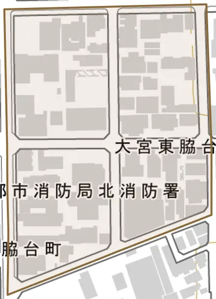 大宮東脇台町とその周辺の地図。町の範囲を重ねている