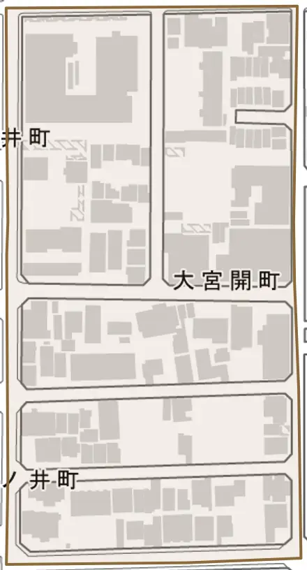 大宮開町とその周辺の地図。町の範囲を重ねている