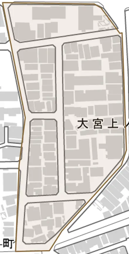 大宮上ノ岸町とその周辺の地図。町の範囲を重ねている