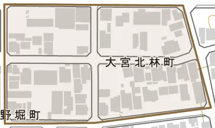 大宮北林町とその周辺の地図。町の範囲を重ねている