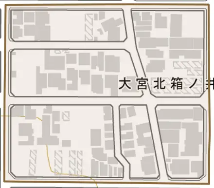 大宮北箱ノ井町とその周辺の地図。町の範囲を重ねている