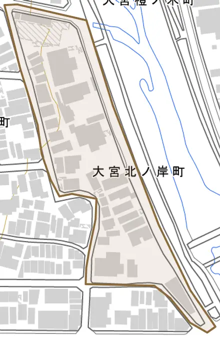 大宮北ノ岸町とその周辺の地図。町の範囲を重ねている