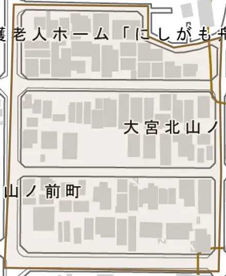 大宮北山ノ前町とその周辺の地図。町の範囲を重ねている