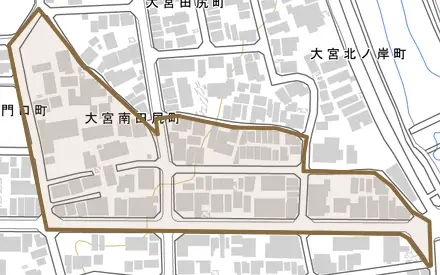 大宮南田尻町とその周辺の地図。町の範囲を重ねている