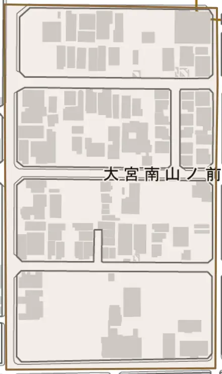 大宮南山ノ前町とその周辺の地図。町の範囲を重ねている